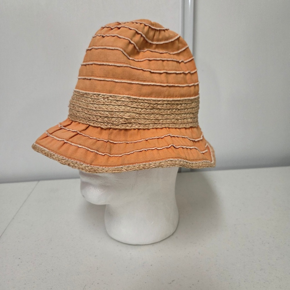 Tarnish Orange Tiered Cotton Straw Braid Trim Bucket Hat Made in Italy OS